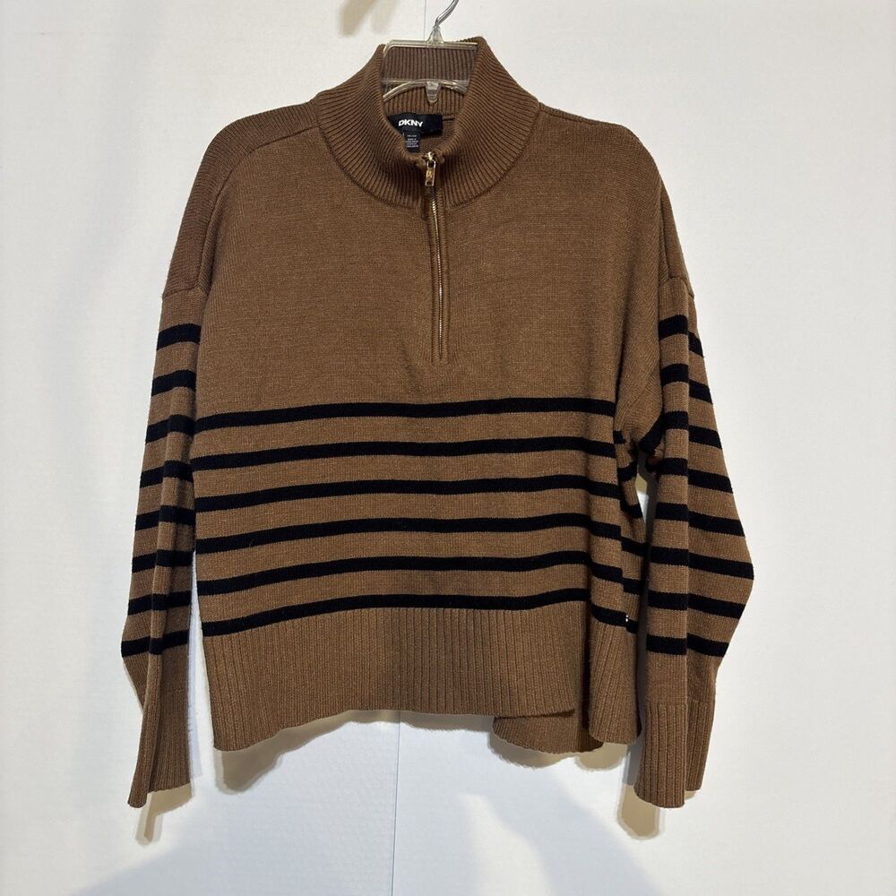 DKNY Women Sweater Quarter-Zip Sweater XXL Stripped Brown L/S NWOT Chest 46"